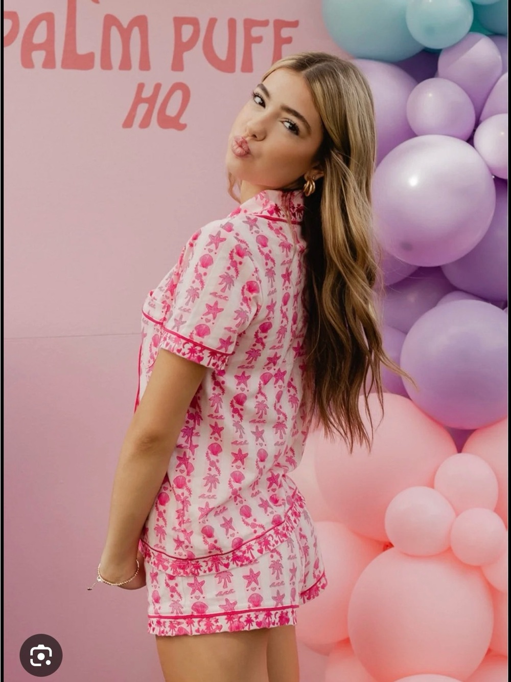 Pink Palm Puff Pink Short Pajama Set with Tropical Motif